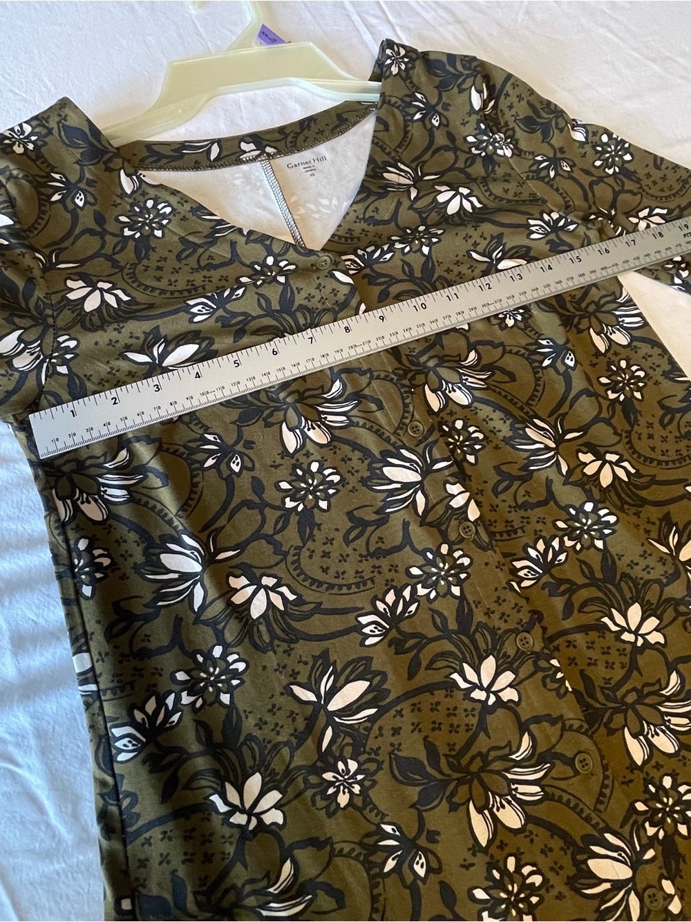Garnet Hill Olive Green Dark Earthy Floral V-Neck Button Down Long Sleeve Dress - Picture 4 of 8